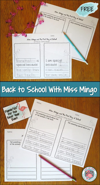 Free printable writing response sheets to accompany the book, Miss Mingo and the First Day of School.