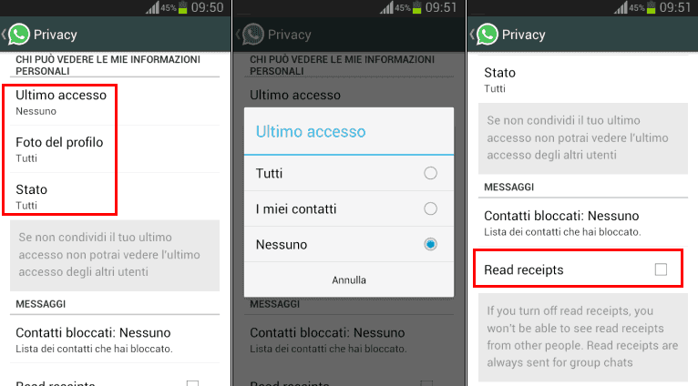WhatsApp opzioni sulla Privacy
