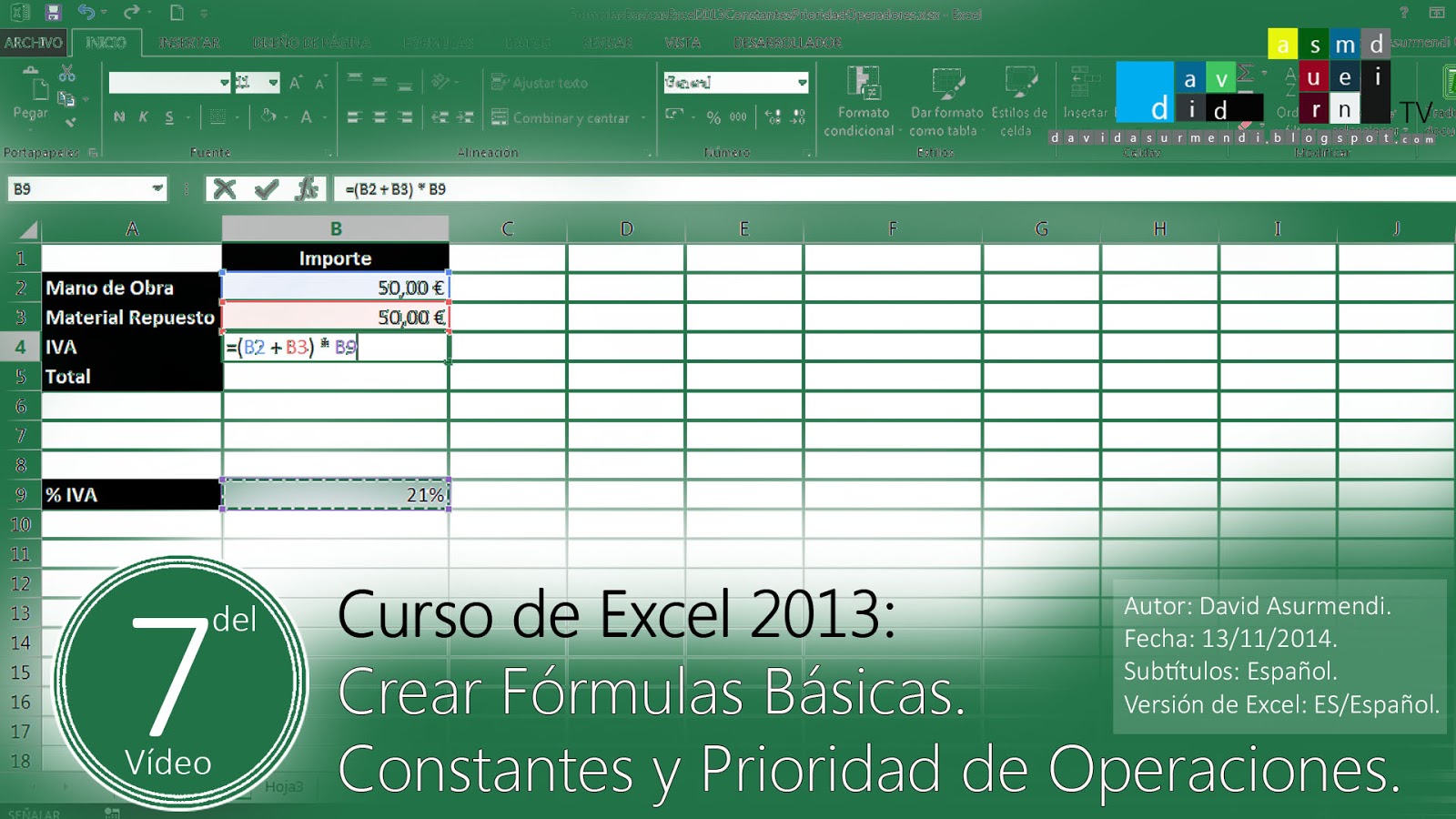 Fórmulas Básicas en Excel 2013. Uso de Constantes y Prioridad de las ...
