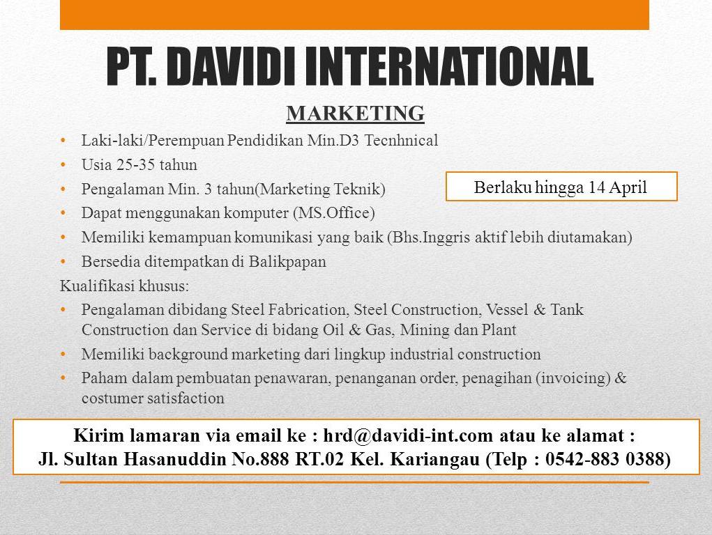 Lowongan Kerja Kota Balikpapan: Lowongan PT. DAVIDI INTERNATIONAL