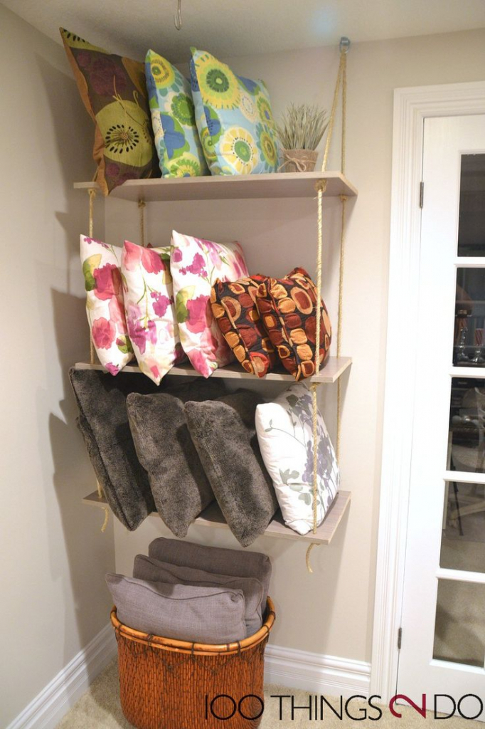 pillow storage pillows throw blanket rope diy shelves bedroom blankets basket shelf decorative bed storing rack space organization neat solve