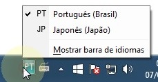 Menu de contexto da barra de idiomas mostrando Português e Japonês instalado.