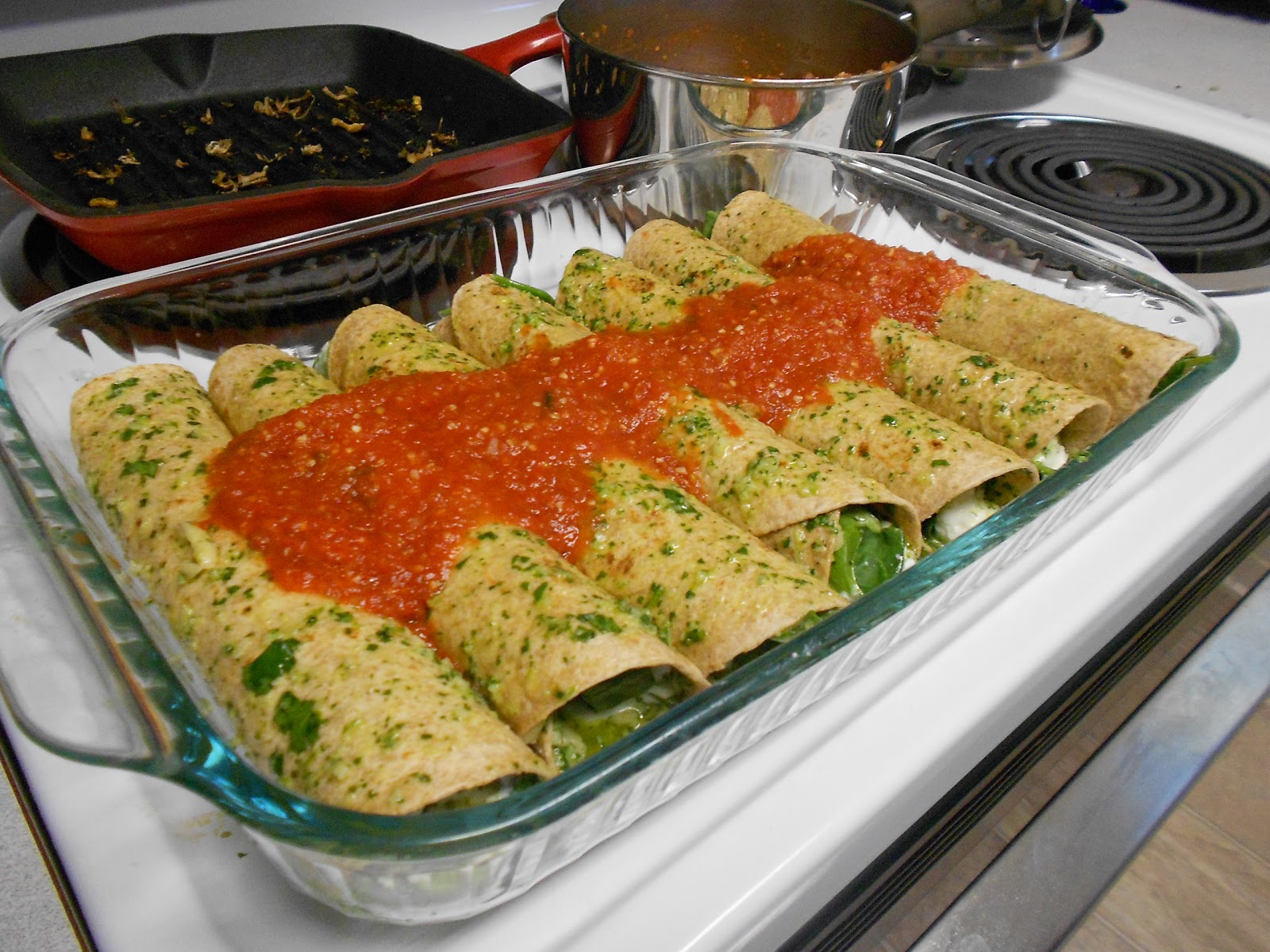 They Call Me Hypo Cottage Cheese Enchiladas with Cilantro Pesto