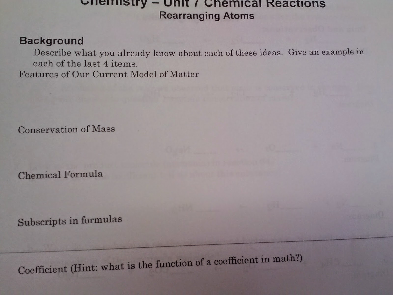 A Year Of Science Modeling Instruction Unit 7 Chemical Reactions Rearranging Atoms