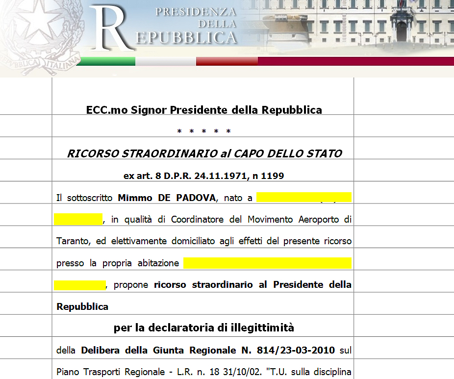 Movimento Aeroporto TARANTO Ricorso al Capo