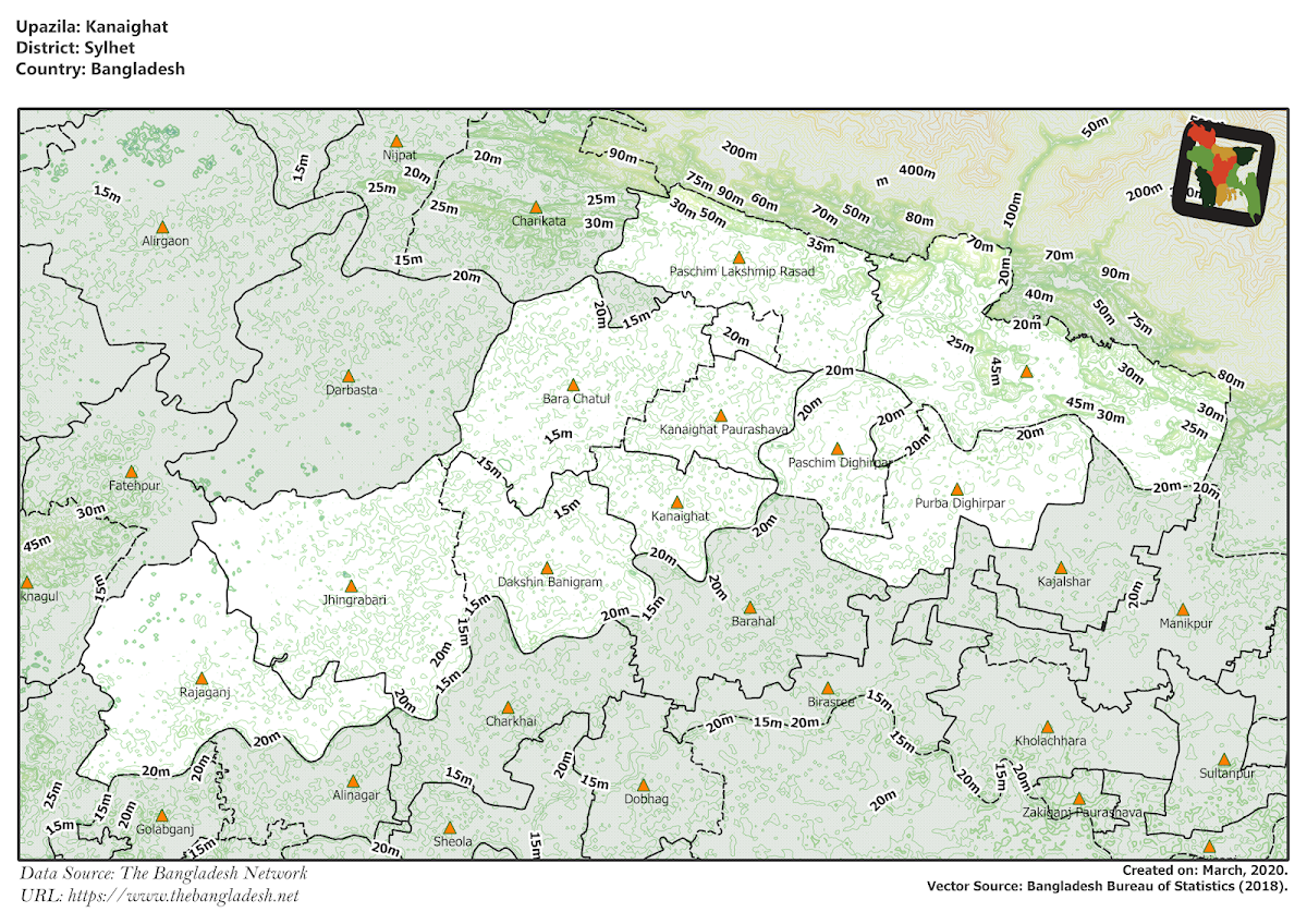Kanaighat Upazila Elevation Map Sylhet District Bangladesh