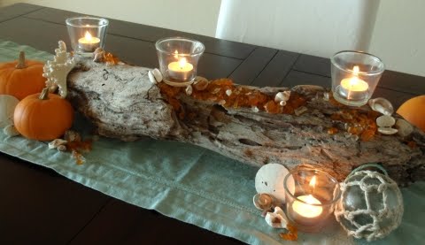 fall centerpiece with driftwood