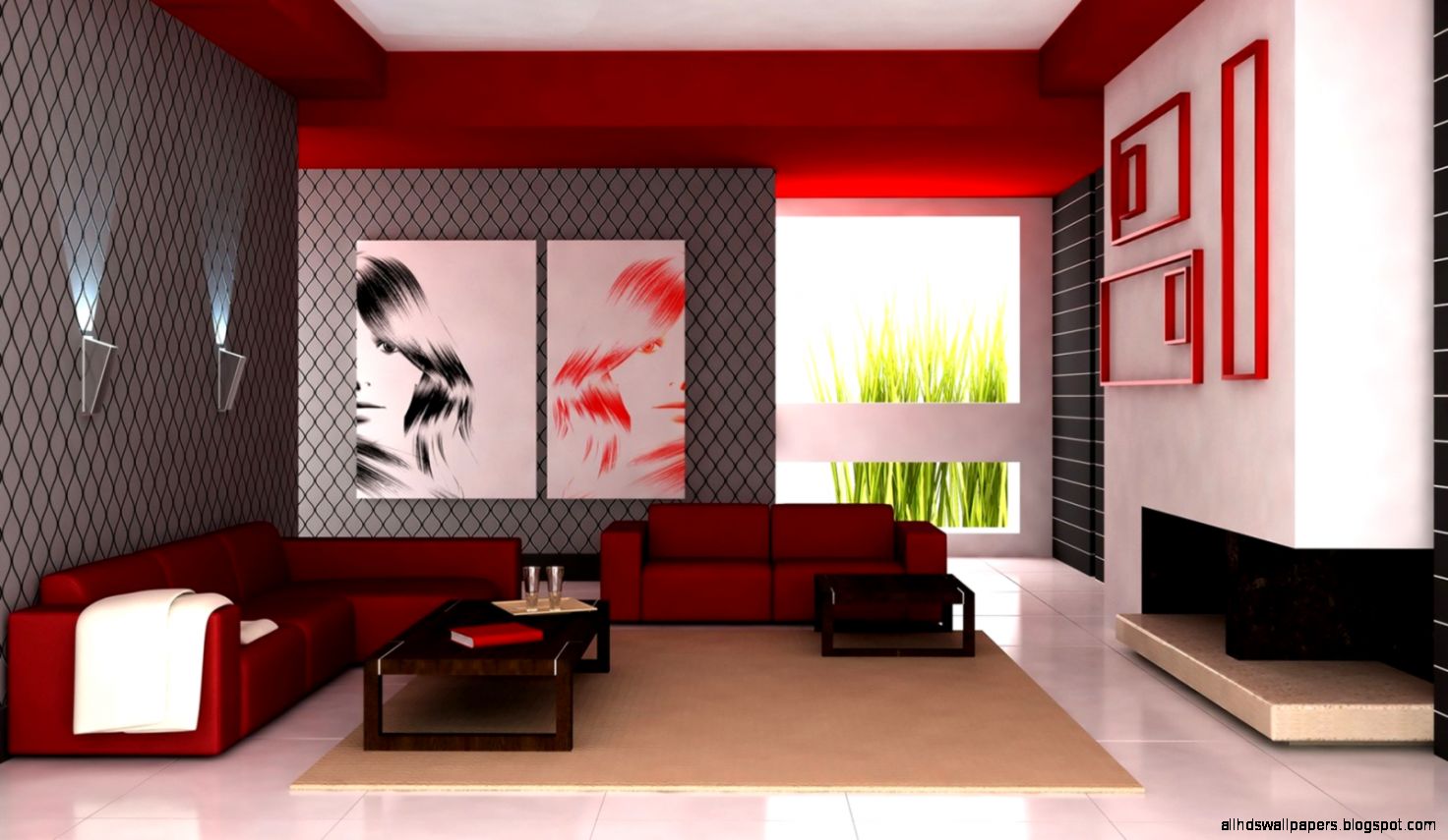 3D Interior Design Red Accents widescreen wallpaper  Wide