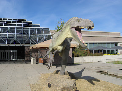 A dinosaur outside the front entrance of the Royal Tyrrell Museum, greeting you!