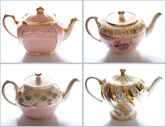 vintage pink, gold and white floral and patterned teapots