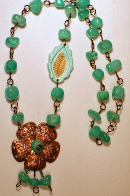 Last summer leaf: ooak necklace, polymer clay, art bead, stone, brass, copper, wire wrapping :: All Pretty Things