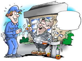 Clipart Image of a Senior Golfer Talking to a Mechanic With an Empty Speech Bubble
