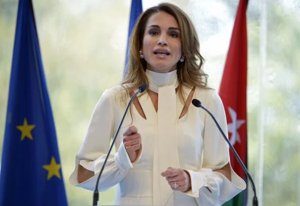 Queen Rania of Jordan delivers her speech at the Medef Summer Conference 
