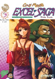 Crazy Manga 3 - Excel Saga 3 - Marzo & Aprile 2002 | ISSN 1593-2001 | CBR 215 dpi | Mensile | Fumetti | Manga | Fumetti | Manga | Seinen | Aniparo | Azione
Collana edita dalla Panini Comics di periodicità e formato variabile che ha ospitato diverse serie, tra cui: Mythos, Cacciatori di Elfi, Dokuro e molte altre.

Excel Saga è un manga seinen giapponese creato da Koshi Rikdo e pubblicato in Giappone dalla Shonen Gahosha.
In Italia la serie è stata pubblicata da Dynit.
Il manga segue da vicino la ACROSS, Organizzazione Segreta per la Promozione dell'Ideale, società che mira alla conquista del mondo. La campagna di conquista parte dalla Città F (Fukuoka), della Prefettura F (prefettura di Fukuoka), in cui si trova la sede in cui opera Sua Eccellenza Il Palazzo, suo Comandante Supremo.
L'ACROSS inizialmente è composta soltanto da Sua Eccellenza Il Palazzo e Excel, una ragazza iperattiva e molto determinata innamorata perdutamente di lui. Successivamente si unirà a loro Hyatt, una ragazza più lucida della sua compagna, ma con la caratteristica sovrannaturale di morire e resuscitare ciclicamente. Nel manga l'origine di Hyatt è ancora sconosciuta, ma presumibilmente non naturale; nell'anime viene illustrato come Hyatt abbia origini extra-terrestri.
In ogni episodio a Excel e Hyatt viene assegnata una particolare missione per mettere in ginocchio la città, missioni che generalmente non riescono a portare a termine, compromettendo il piano di conquista. Accompagnate solitamente da Frattaglia, il loro cane, che serve anche come cibo di emergenza, al di fuori delle missioni le due ragazze devono condurre una vita normale e cambiano spesso lavoro (solitamente non hanno mai abbastanza soldi da permettersi una cena dignitosa). Nel manga, invece, con l'arrivo di Elgarla, il Palazzo assegna loro un cospicuo capitale per le loro spese, permettendo così di limitare «l'approvvigionamento sul campo». Il loro tenore di vita conoscerà alti e bassi a causa dell'imprevedibile stile di vita.