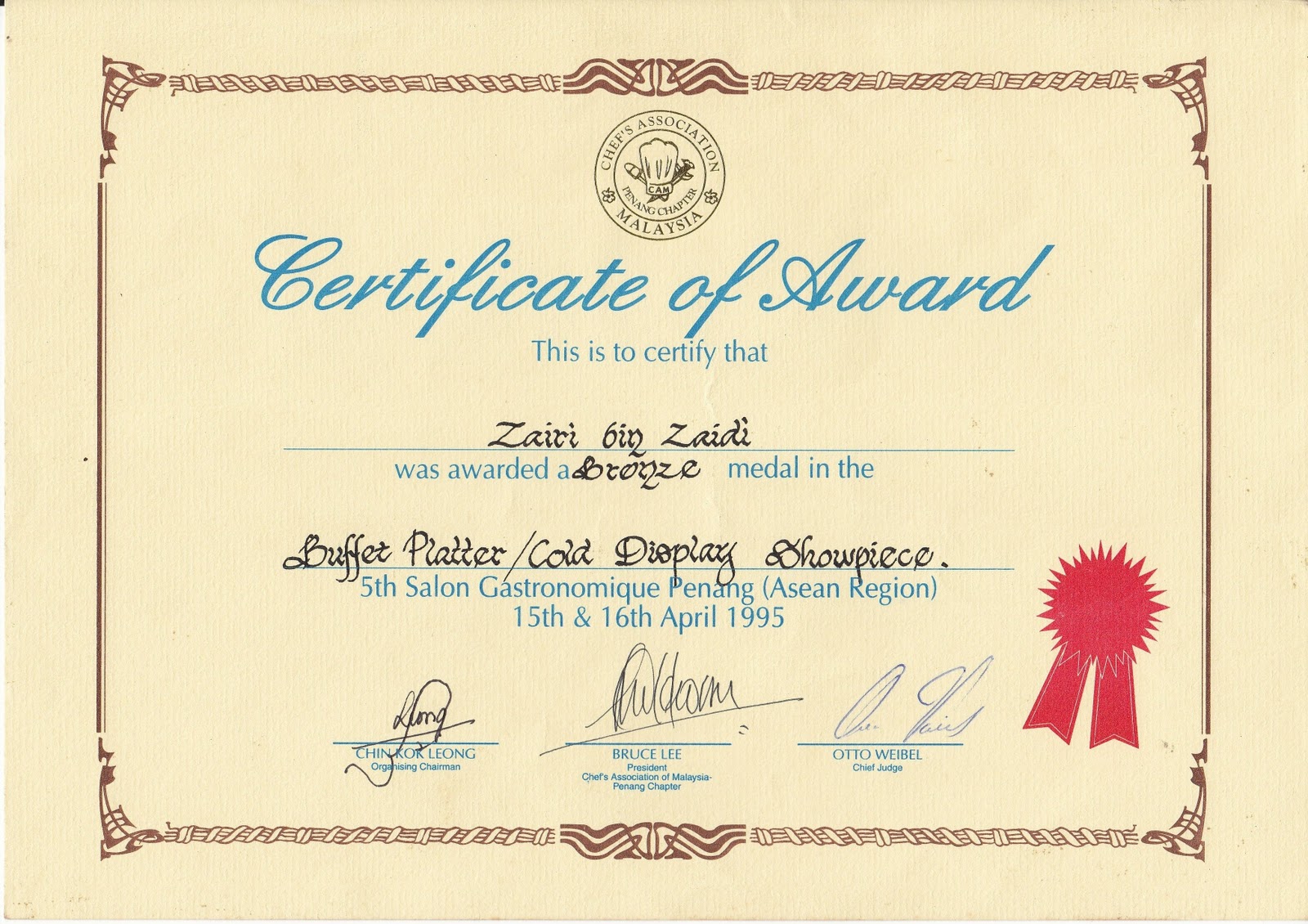 Chef Zairi Zaidi Certificate & Archivement