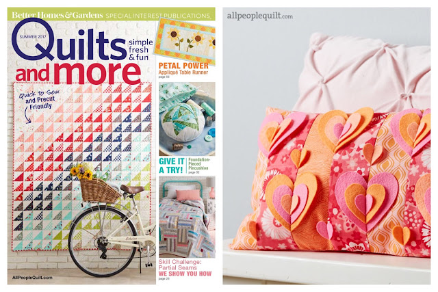 Felt heart appliqued patchwork pillow in Quilts and More magazine