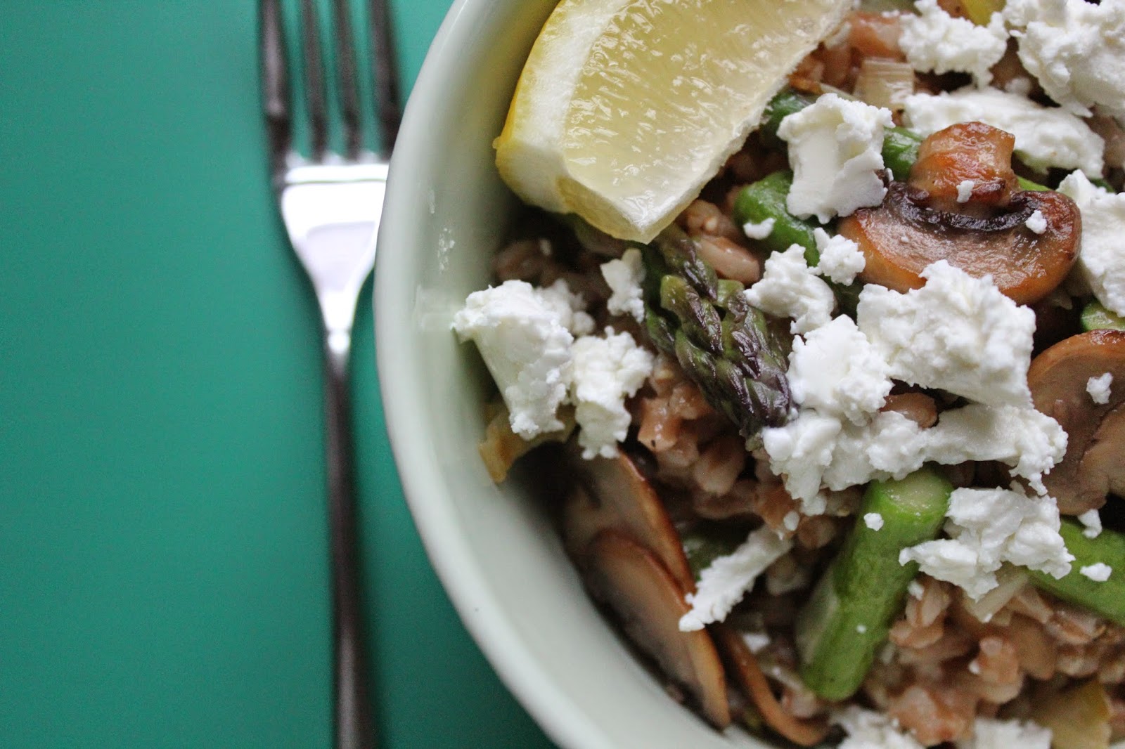 Farro "risotto" with mushrooms, asparagus, and goat cheese