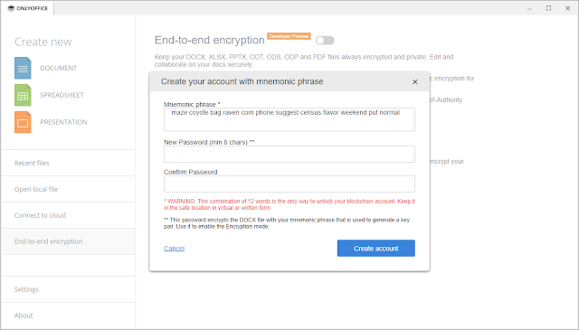 ONLYOFFICE create blockchain account