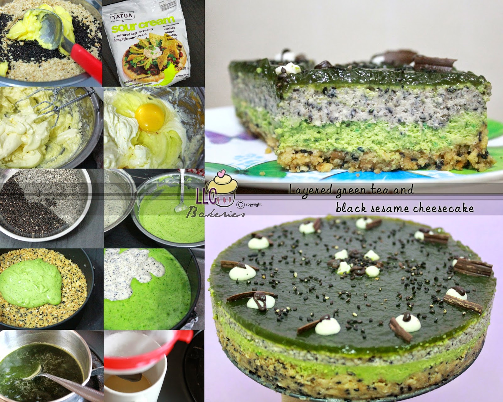 LLC Bakeries Layered green tea and black sesame cheesecake