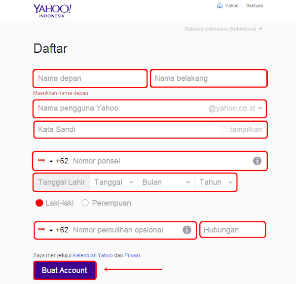 Formulir Pendaftaran Yahoo