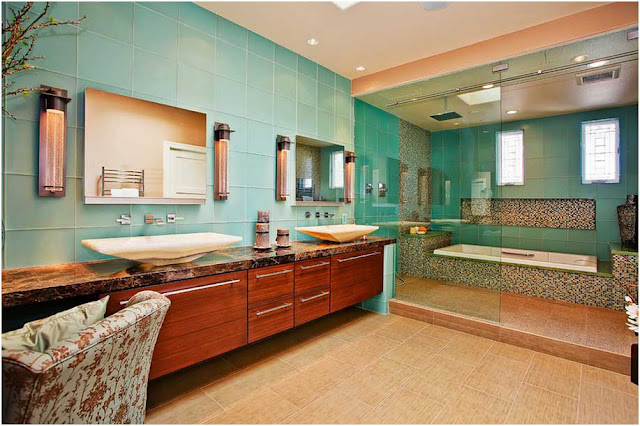 Japanischen-Stil-Master-Badezimmer-badezimmerschrank-mit-waschbecken-und-spiegel-Verwendung-Türkisfarbene-Wandfliesen