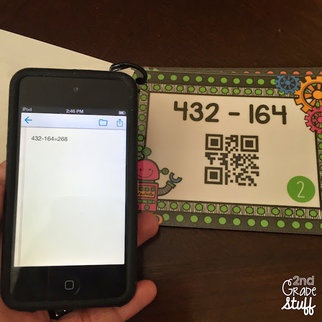 QR Code Task Cards. Self-checking centers for addition and subtraction for 2nd grade.