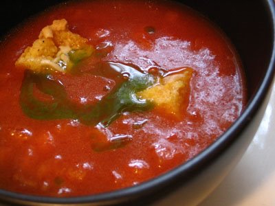 Tomato Soup with Polenta Croutons and Chive Oil