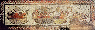Este mosaico hallado en la villa romana de Low Ham, en Inglaterra, recrea el mito de la llegada de Eneas y los refugiados de Troya a Cartago, donde serán recibidos por la reina Dido. Siglo IV. Museo de Somerset.