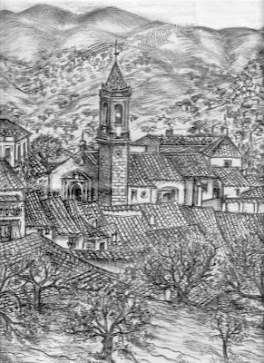 Dibujo de Cortelazor desde la parte alta del pueblo. E.M.Gracia