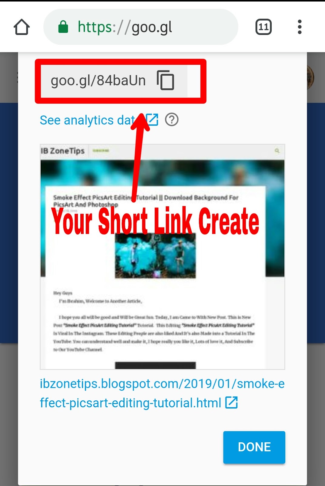 After a while you will find your short link.