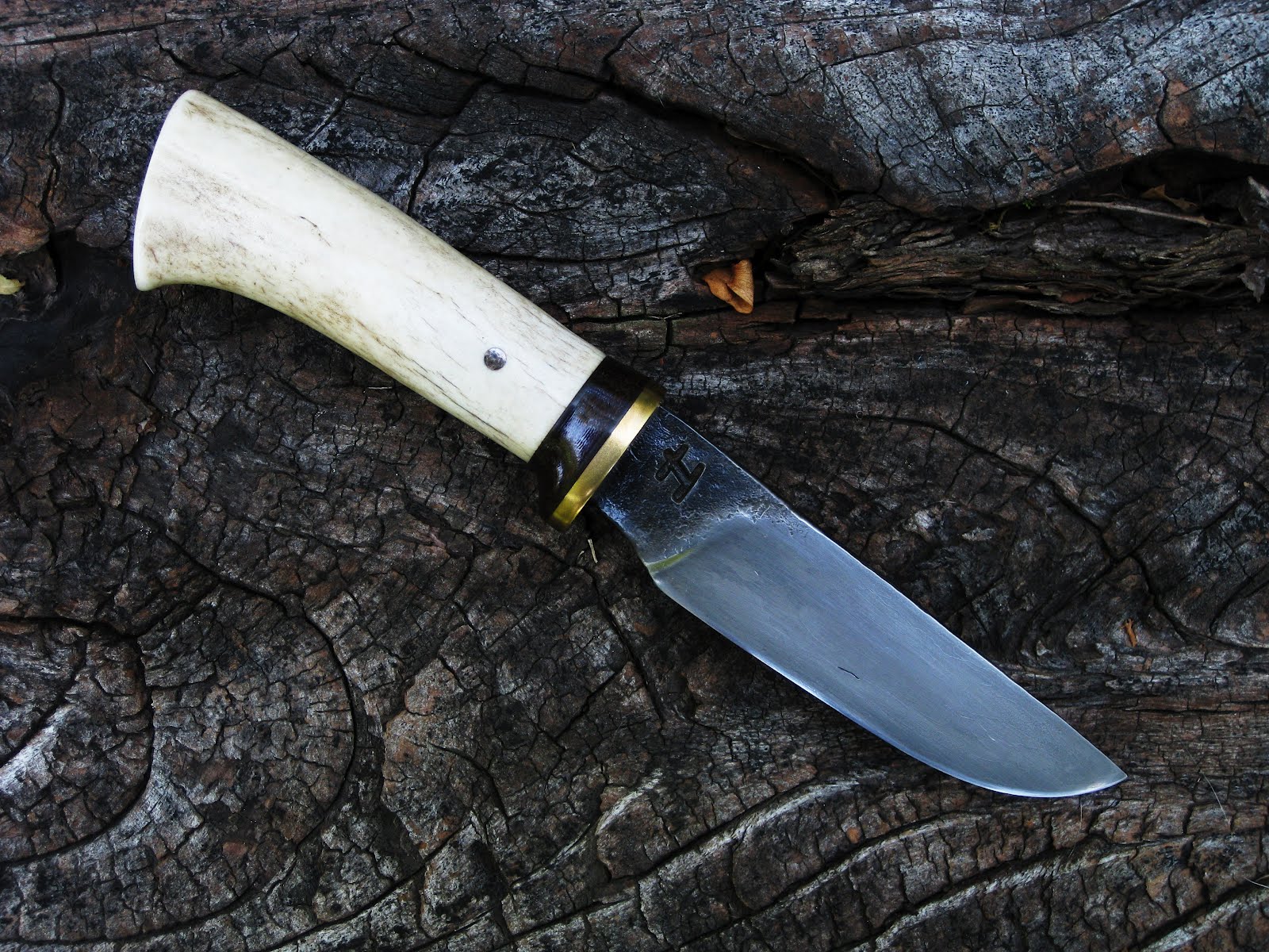 R.E.H. Knives Knife 50. Micarta/Antler/Saw Chain Damascus, 3.75" Blade