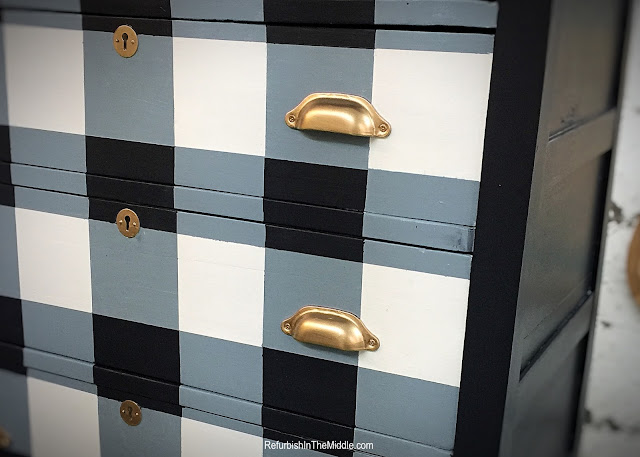 vintage, dresser, buffalo check, gingham, in the navy chalk paint, brass cup pull handles, 