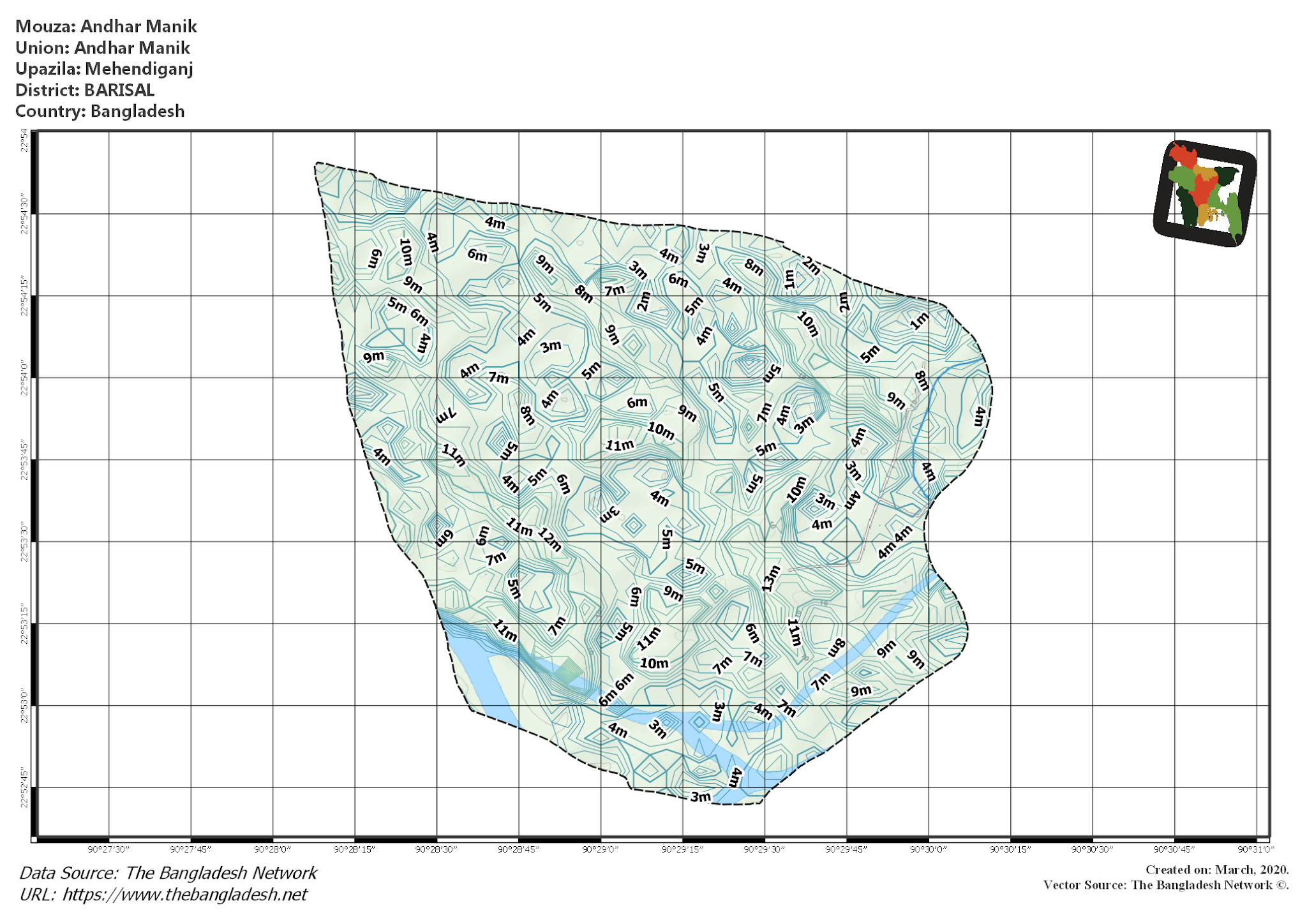 Map of Andhar Manik Mouza of Mehendiganj Upazila, BARISAL, Bangladesh.