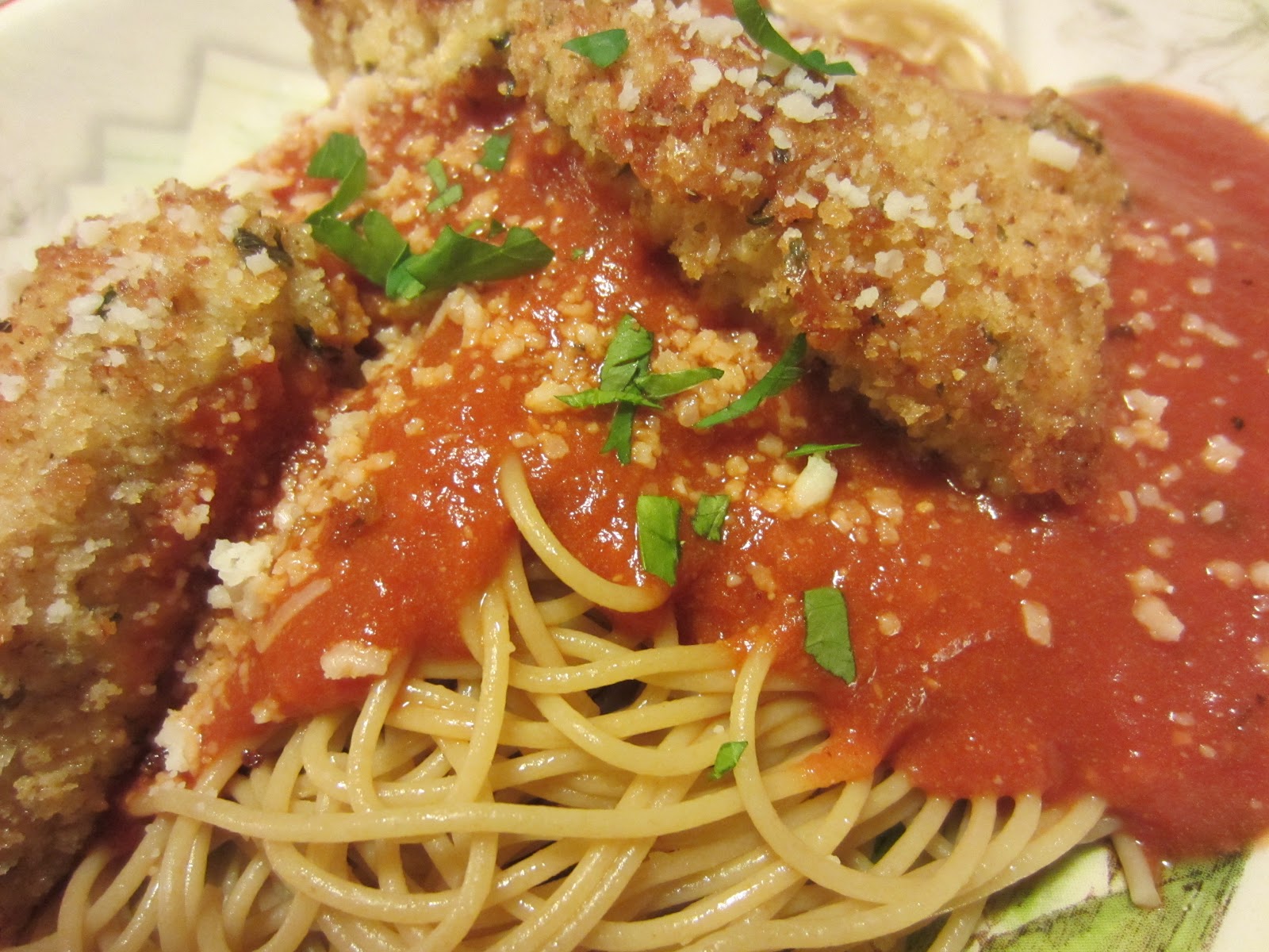 Chicken Parmesan Bites w/ Cheesy Marinara and Whole Wheat Pasta Renee's Kitchen Adventures