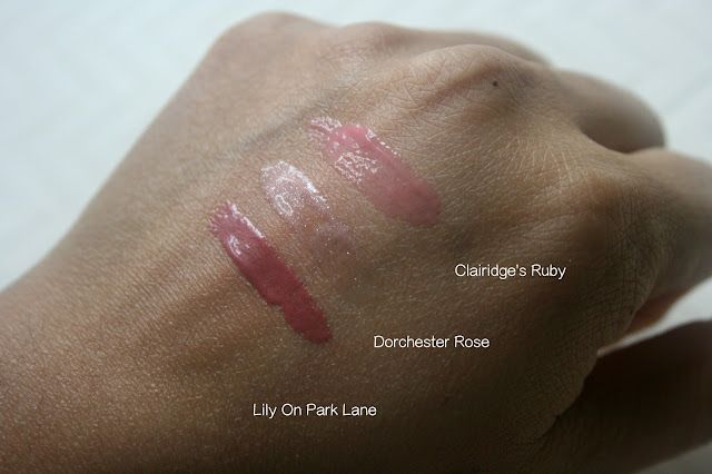 Rimmel Stay Glossy Lip Glosses Lily On Park Lane, Dorchester Rose, Claridge's Ruby Swatches