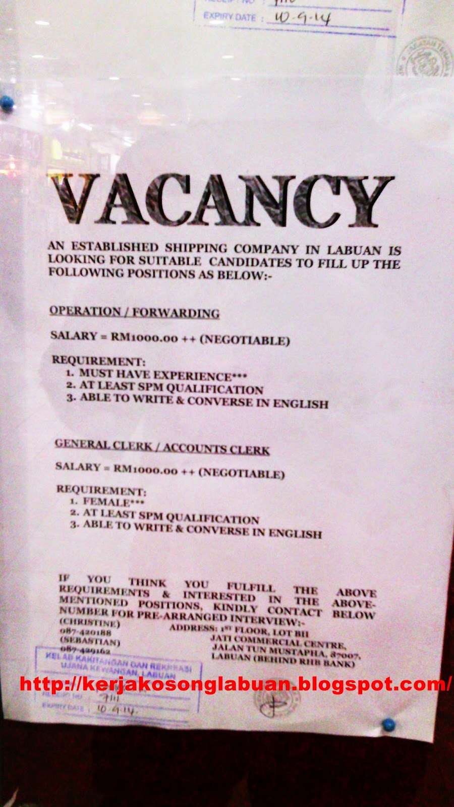 Kerja Kosong Di Labuan vacancy as general clerk at shipping company labuan