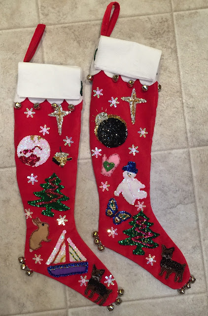 Velveteen Christmas stocking with beads, sequins, jingle bells,.and events in outer space.