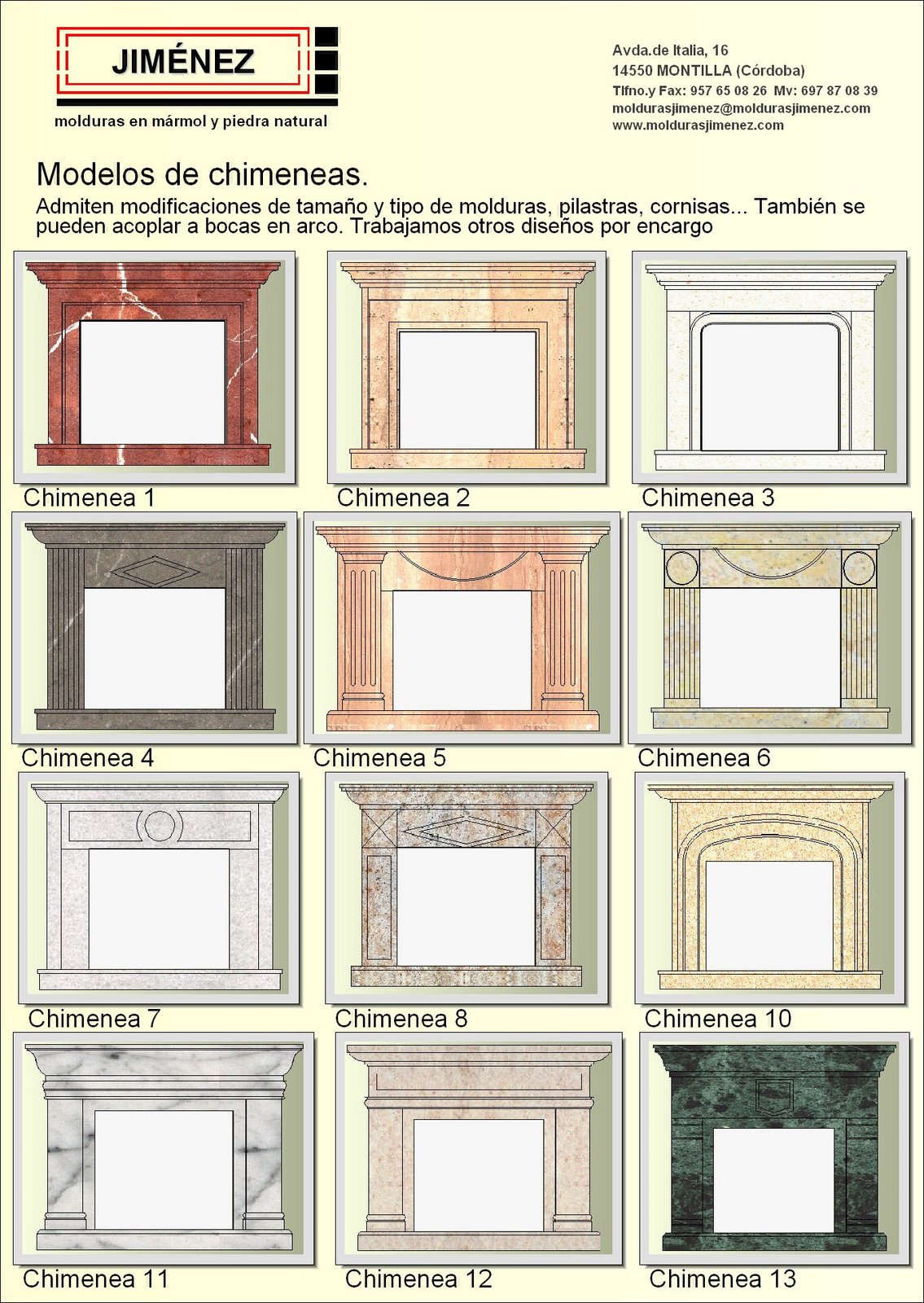 Jiménez, molduras de mármol y piedra, plato ducha, fachadas, chimeneas
