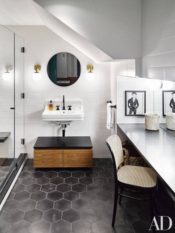 Needing Wanting Loving Hexagon Tiles The Peak Of Tres Chic And Matte Black Cement Tiles Were Chosen For The Guest Bathroom Flooring Finish Feels Soft Inviting Offsets White Tile Of Walls