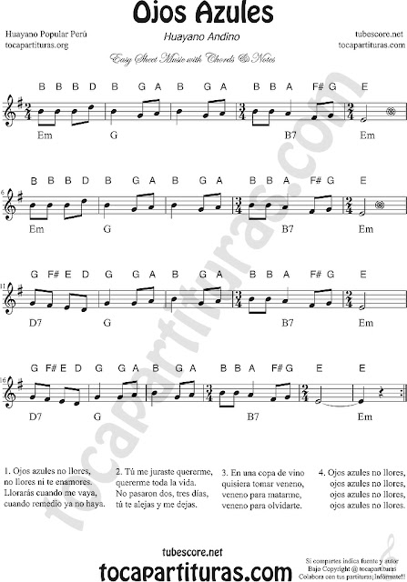  Easy Notes Sheet Music for Treble Clef, Ojos Azules by Gilberto Rojas Violins, Flutes, Saxophones, Clarintes, Trumpets, Horns...Partitura con Notas en Inglés Clave de Sol