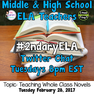 Join secondary English Language Arts teachers Tuesday evenings at 8 pm EST on Twitter. This week's chat will be about teaching whole class novels.
