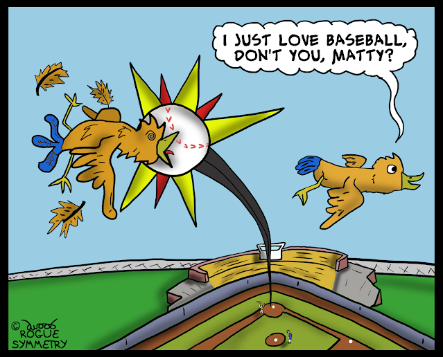 baseball comic with bird getting hit by homerun ball
