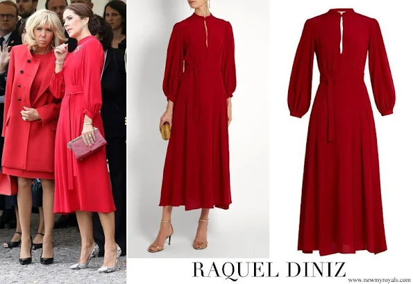 Crown Princess Mary is wearing a Raquel Diniz dress. Crown Princess Mette-Marit wore the same dress in 2017