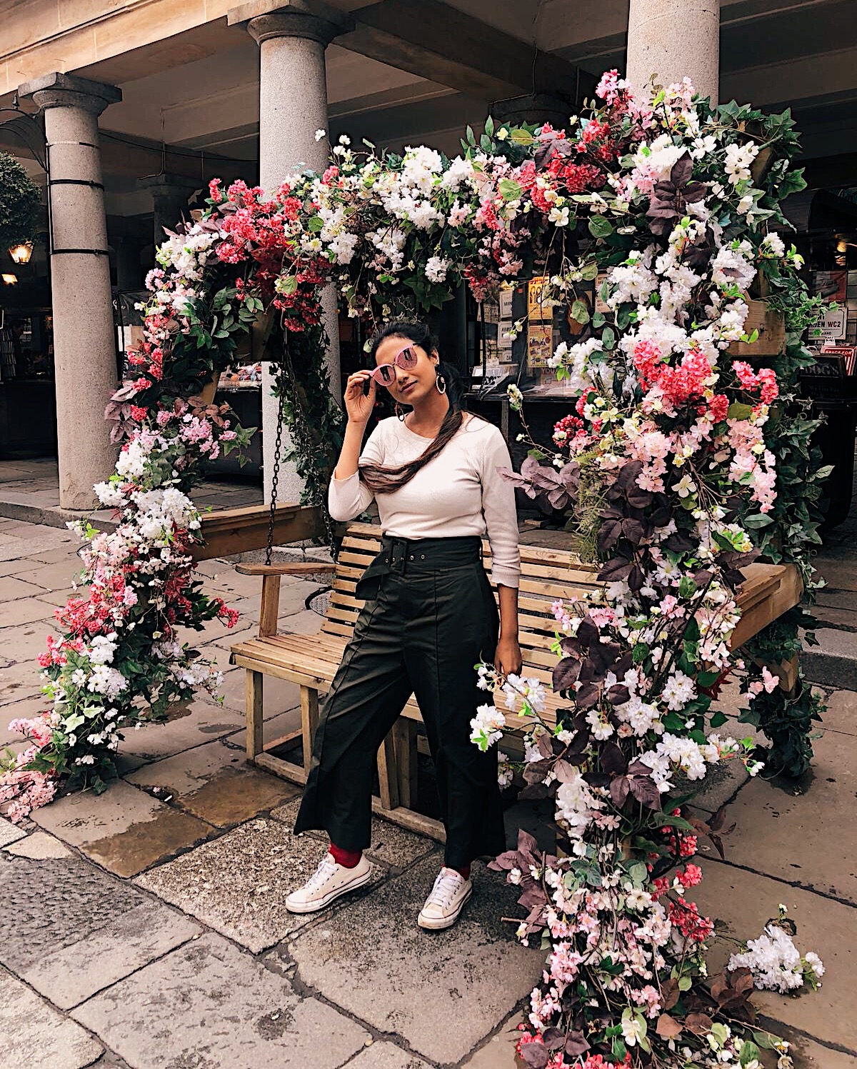 khaki paperbag waist trousers, khaki and white, wide leg trousers, zara trousers, converse outfit, spring outfit, london in spring, london street style, london spring look, spring day in london, covent garden, flowers in london spring, indian blogger, uk blog, london blogger