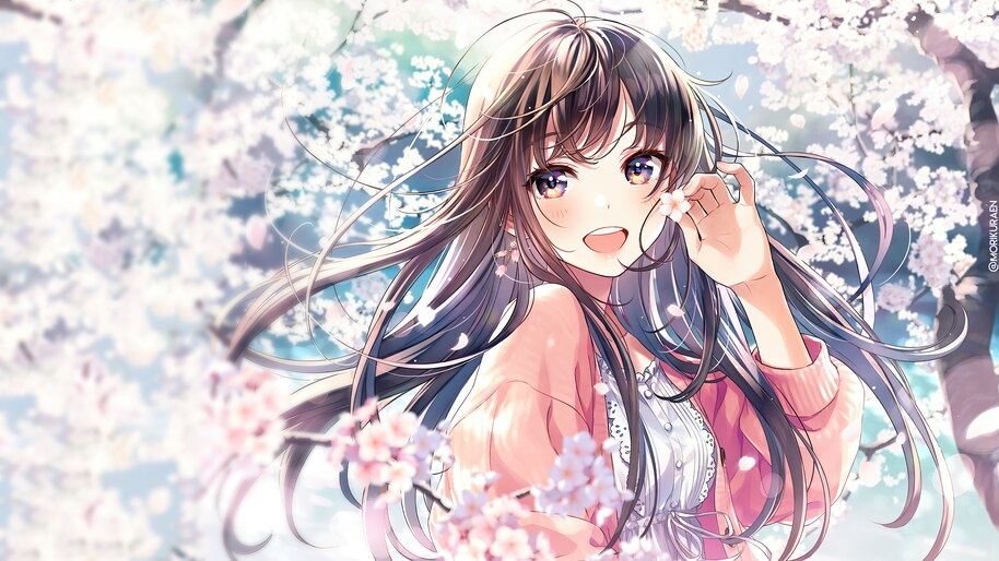 Cute anime girl holding sakura flowers Royalty Free Vector