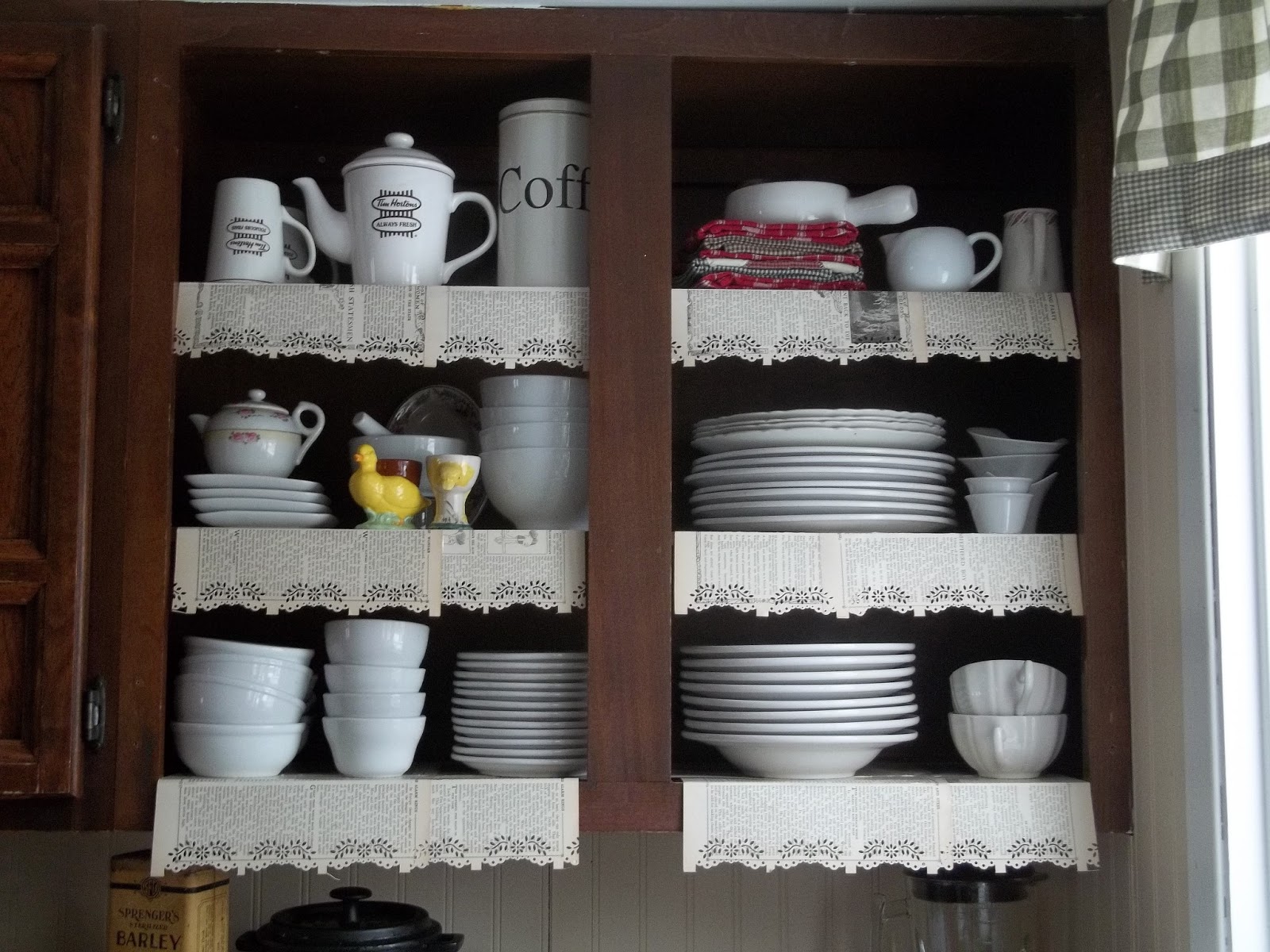 THE BLESSED HEARTH Homemade old book pages shelf liner project..