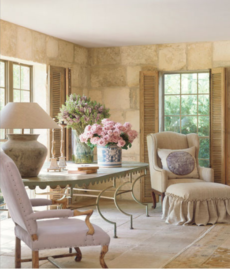 Pamela Pierce designed interior with neutral palette, antiques, romantic slipcovers, and spare decor. #frenchcountry #interiordesign