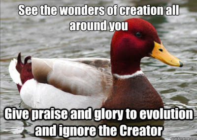 Malicious Advice Mallard foolishly praises evolution instead of God.