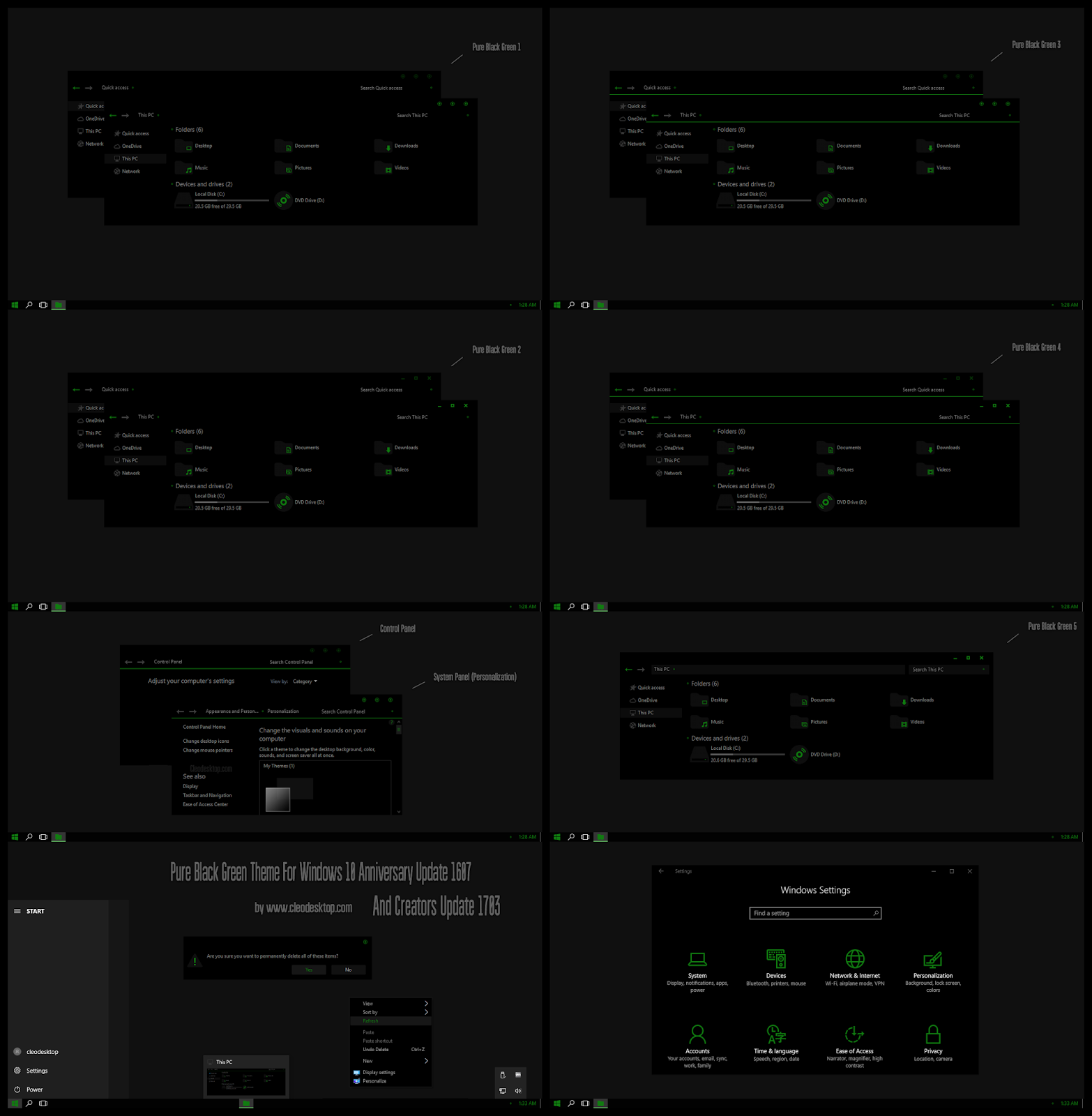 Pure Black Green Theme For Windows10 Creators Update 1703 Cleodesktop