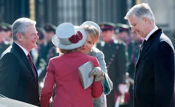 King Philippe and Queen Mathilde of Belgium welcome German President Joachim Gauck and his wife Daniela Schadt during official welcome ceremony at the Royal Palace